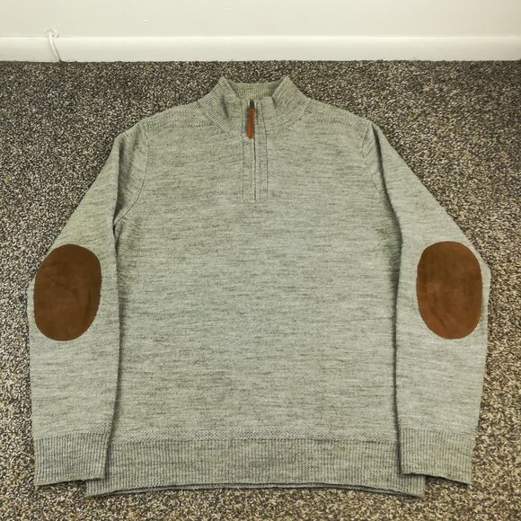 J Crew Sweater 1/4 Zip Merino Wool Gray Suede Elbow Patch Mens Large Slim Fit - Picture 1 of 11
